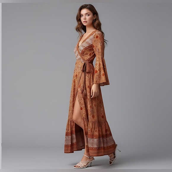 Boho Floral Print Bell Sleeve Tie Front Wrap Dress - Picture 3 of 13